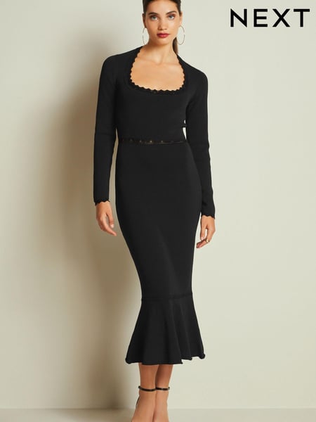 Black Square Neck Stitch Detail Long Sleeve Knitted Midi Dress (867238) | € 13