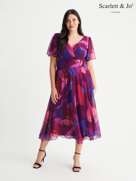 Scarlett & Jo Magenta Pink Splash Victoria Angel Sleeve Mesh Midi Dress (870469) | € 66