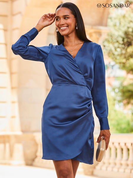 Sosandar Blue Satin Long Sleeve Wrap Dress (874863) | € 49