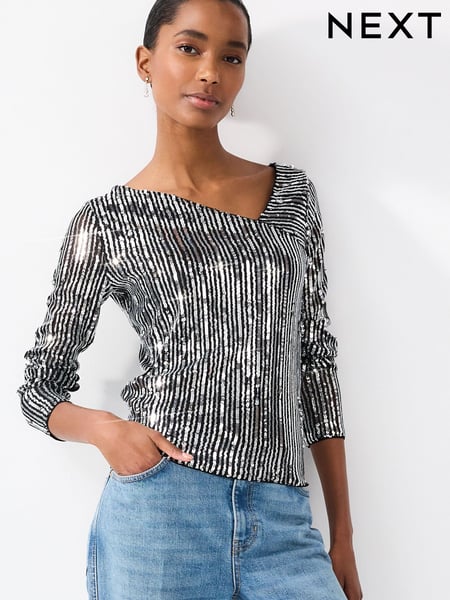 Striped Silver Sequin Long Sleeve Asymmetric Party Top (884901) | € 9