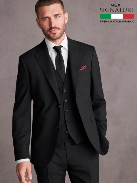 Black Slim Fit Signature Tollegno Italian Wool Textured Suit Jacket (888606) | € 194