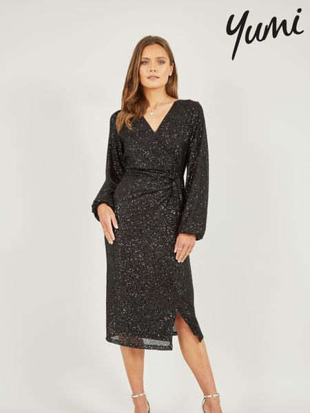 Yumi Black Sequin Ruched Wrap Long Sleeve Dress (893235) | € 20