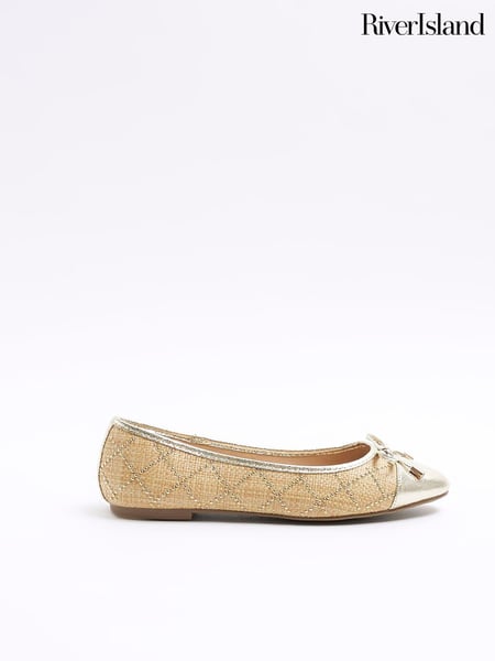 River Island Gold Raffia Studded Bow Ballet Pumps (898989) | € 25