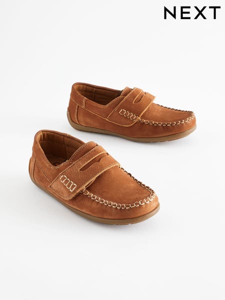 Tan Brown Wide Fit (G) Leather Penny Loafers with Touch and Close Fastening (903538) | € 37 - € 43