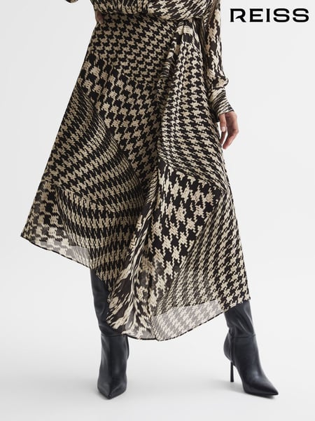 Reiss Black/White Oksana Dogtooth Asymmetric Midi Skirt (910695) | € 309