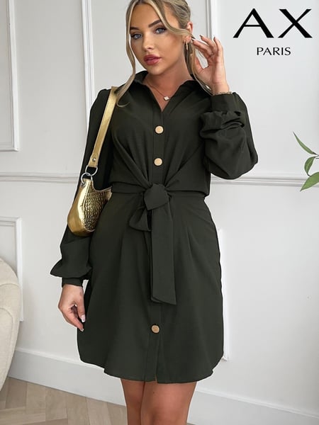AX Paris Olive Green Button Tie Front Mini Shirt Dress (917260) | € 14