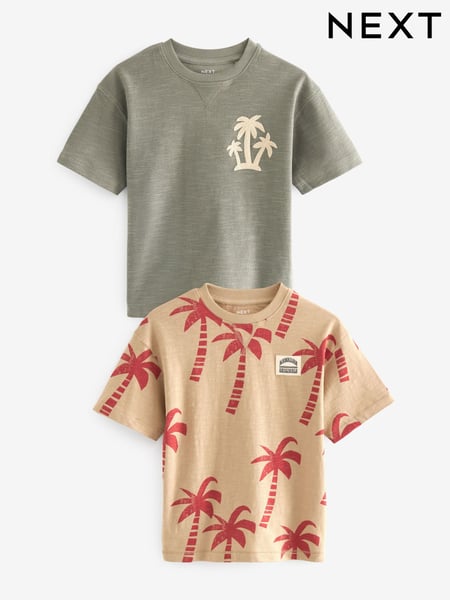 Khaki/Stone Palm Graphic Short Sleeve 100% Cotton T-Shirts 2 Pack (3-16yrs) (926794) | € 4 - € 6