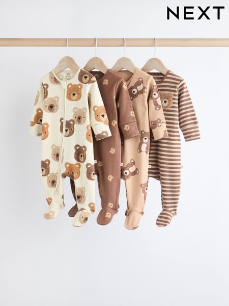 Tan Brown Bear Baby Zipped Sleepsuits 4 Pack (0mths-2yrs) (935776) | € 38 - € 41