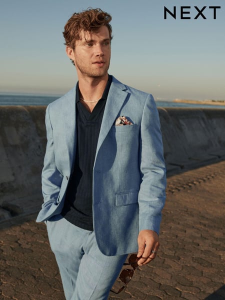 Light Blue Linen Blend Tailored Fit Suit Jacket (937831) | € 66