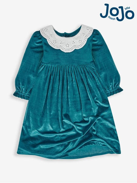 JoJo Maman Bébé Teal Girls' Velour Party Dress With Scallop Collar (938487) | € 47