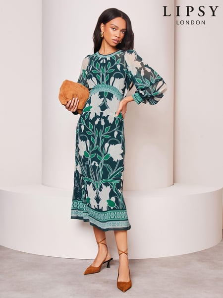 Lipsy Green Placement Print Long Sleeve Midi Dress (944426) | € 43