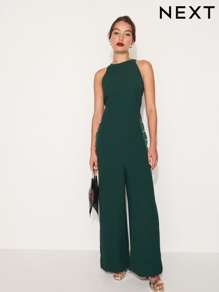 Green Button Detail Wide Leg Crepe Jumpsuit (946430) | € 26