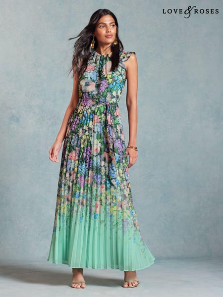 Love & Roses Green Floral Flutter Sleeve Pleated Midaxi Dress (957407) | € 61
