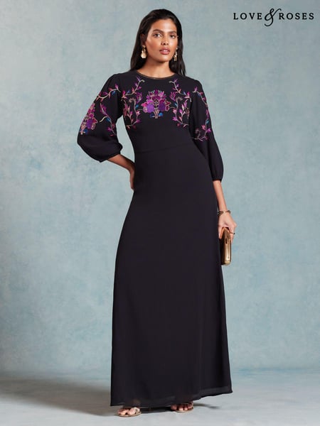Love & Roses Black Embroidered Puff Sleeve Maxi Dress (957418) | € 54