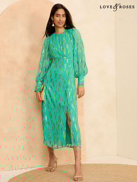 Love & Roses Green Metallic Long Sleeve Round Neck Midi Dress (957549) | € 54