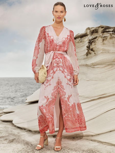 Love & Roses Orange Paisley Printed Metallic Belted Midi Dress (957570) | € 59