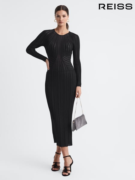 Reiss Black Ida Sheer Striped Bodycon Midi Dress (961580) | € 356
