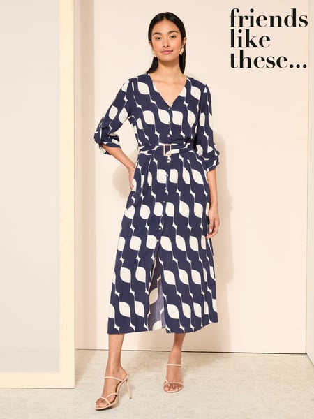 Friends Like These Navy Blue Buckle Belted V Neck Midi Shirt Dress (963748) | € 37