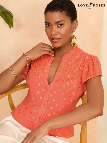 Love & Roses Orange Metallic Ruffle V Neck Flutter Sleeve Blouse (966149) | € 24
