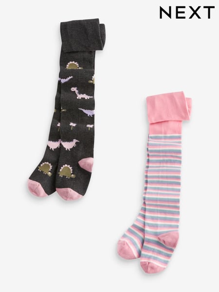 Grey and Pink Cotton Rich Stripe and Dinosaur Tights 2 Pack (967052) | € 10 - € 12