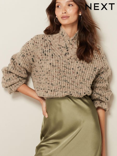 Neutral Brown High V-Neck Ribbed Jumper (968205) | € 11