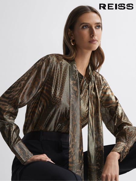 Reiss Gold Kendall Metallic Animal Print Tie Neck Blouse (970463) | € 293