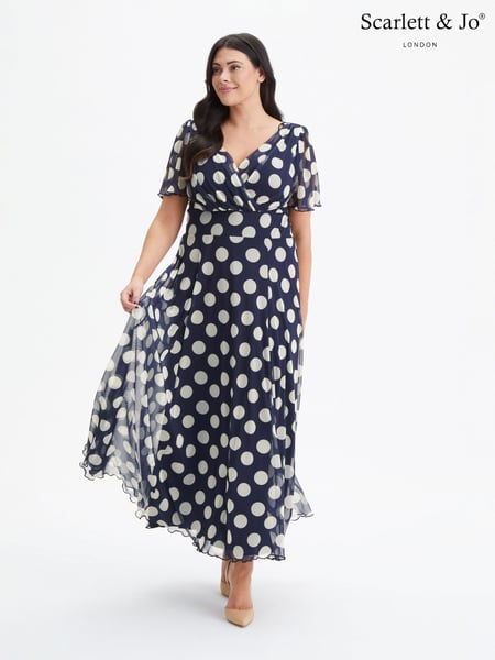 Scarlett & Jo Navy Blue White Polka Dot Curve Isabelle Angel Sleeve Maxi Dress (975217) | € 148