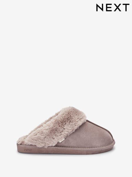 Beige - Suede Faux Fur Lined Mule Slippers (A04231) | 31 €