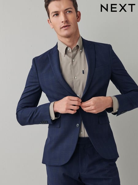 Navy Blue Super Skinny Motion Flex Stretch Check Suit Jacket (A20438) | € 53