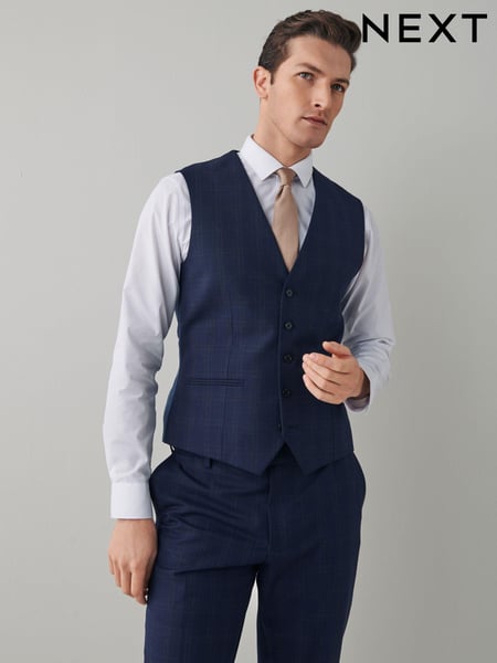 Navy Blue Motion Flex Stretch Check Suit Waistcoat (A20439) | € 15