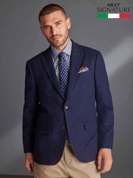 Navy Blue Slim Fit Nova Fides Signature Herringbone Wool Blazer (A62989) | € 201