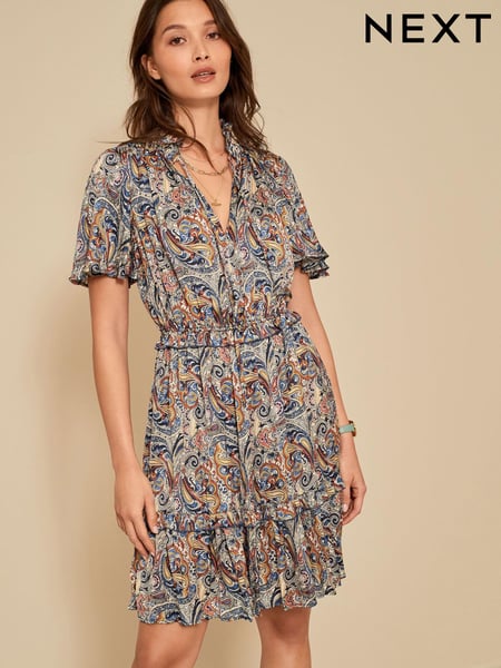 Blue Paisley Print Satin Mini Angel Sleeve Dress (A70980) | € 22