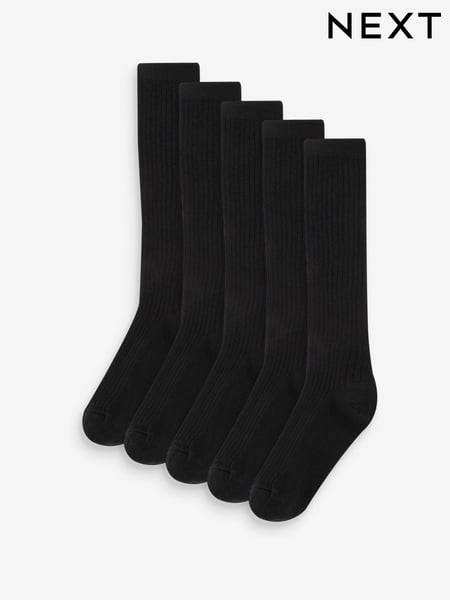 Black Ribbed 5 Pack Cotton Rich Knee High Socks (A96688) | € 13 - € 16