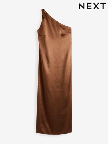 Brown Rochelle Satin One Shoulder Midi Dress (A97319) | € 22