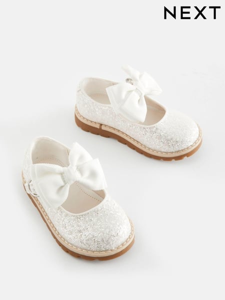 White Glitter Bow Wide Fit (G) Mary Jane Flower Girl Touch Fastening Bow Shoes (AA0137) | € 31 - € 34