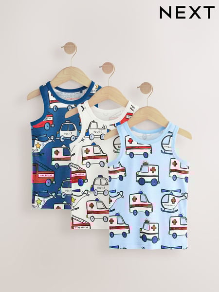 Red/Blue Emergency Vehicles 100% Cotton Vests 3 Pack (1.5-10yrs) (AA1095) | € 11 - € 13