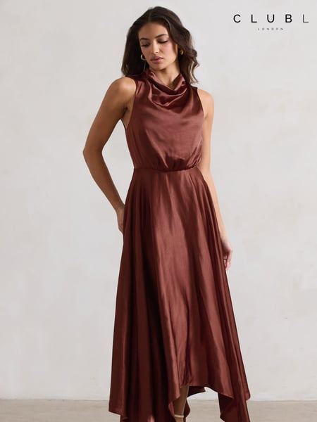 Club L London Brown Kerri Satin Cowl-Neck Maxi Dress (AA1671) | € 59