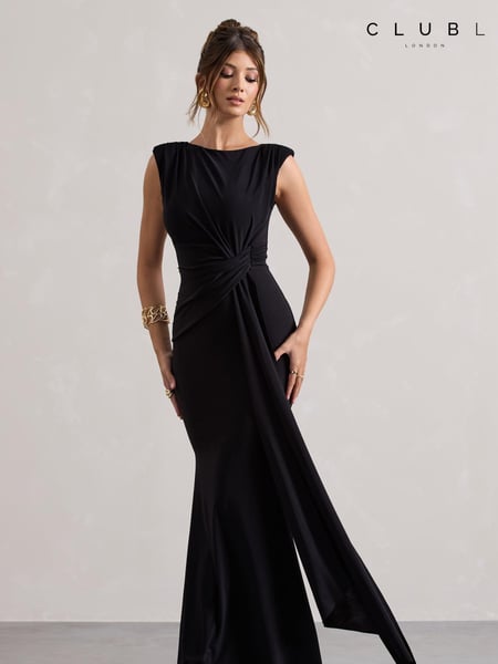 Club L London Black Kadie Sleeveless Gathered Maxi Dress With Drape (AA1864) | € 133