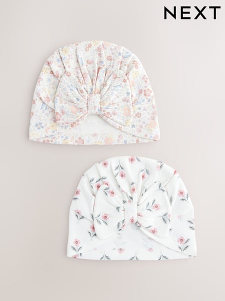 White ditsy Baby Bow Turban 100% Cotton Hats 2 Pack (0mths-2yrs) (AA3782) | € 9