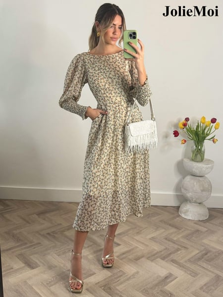 Jolie Moi Brown Cuffed Ballon Sleeve Dress (AA4411) | € 42