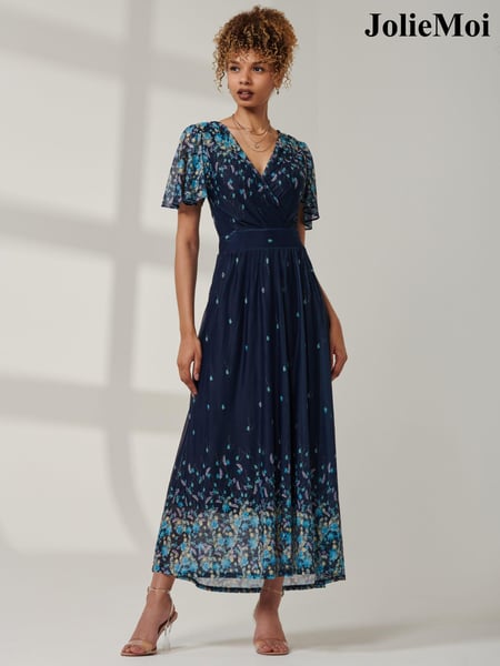Jolie Moi Blue Mirrored Mesh Angel Sleeve Maxi Dress (AA4412) | € 139