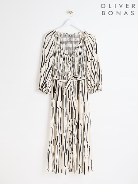 Oliver Bonas White Sicilian Stripe Ruched Midi Dress (AA5231) | € 66