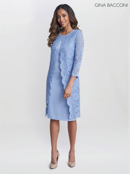 Gina Bacconi Blue Clarabelle Mock Lace Jacket And Crepe Dress (AA5299) | € 499