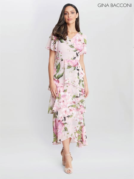 Gina Bacconi Pink Olivia Printed Cowl Neck Maxi Tiered Dress With Shoulder Embellishment (AA5300) | € 406