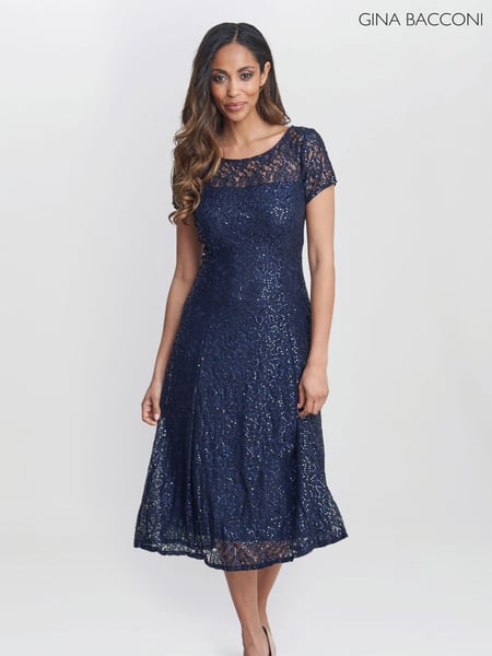 Gina Bacconi Blue Genny Cap Sleeve Midi Length Sequin Lace Dress (AA5304) | € 390