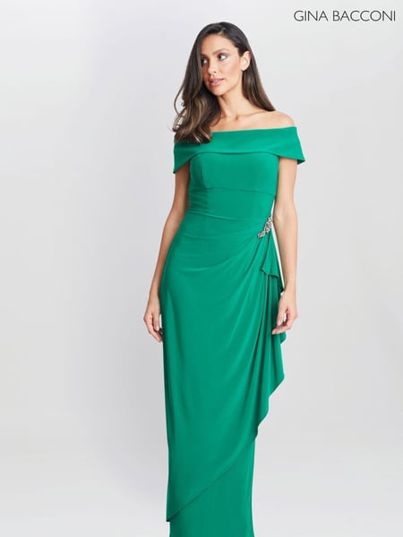 Gina Bacconi Green Jodie Off Shoulder Jersey Dress With Hip Detail (AA5309) | € 406