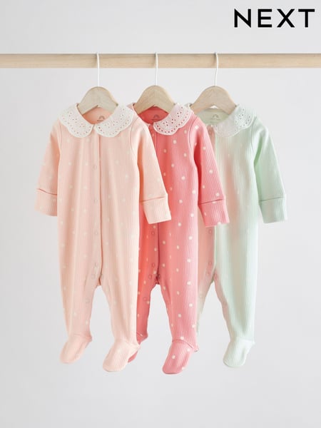 Pink 100% Cotton Collar Baby Sleepsuits 3 Pack (0-2yrs) (AA5438) | € 28 - € 31