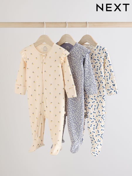 Blue Cherry Two Way 100% Cotton Zip Baby Sleepsuits 3 Pack (0-2yrs) (AA5443) | € 27 - € 30