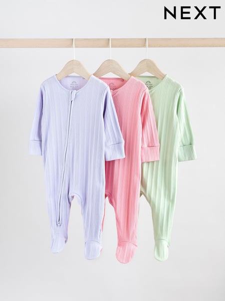 Multi 100% Cotton Rib Baby Two Way Zip Sleepsuits 3 Pack (0mths-2yrs) (AA5444) | € 23 - € 26