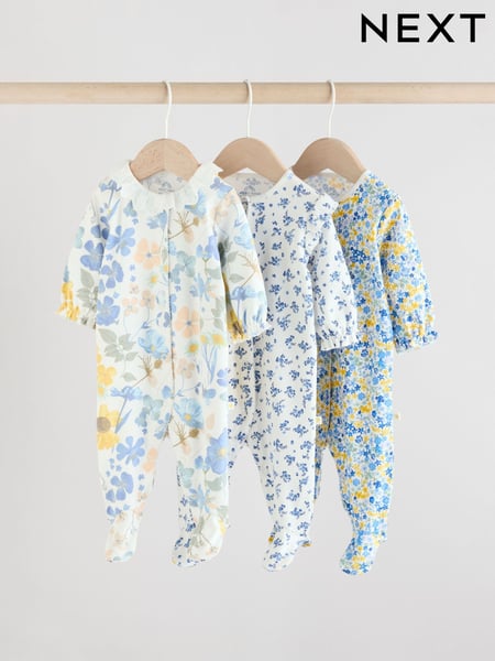 Blue 100% Cotton Collar Floral Baby Sleepsuits 3 Pack (0-2yrs) (AA5451) | € 28 - € 31